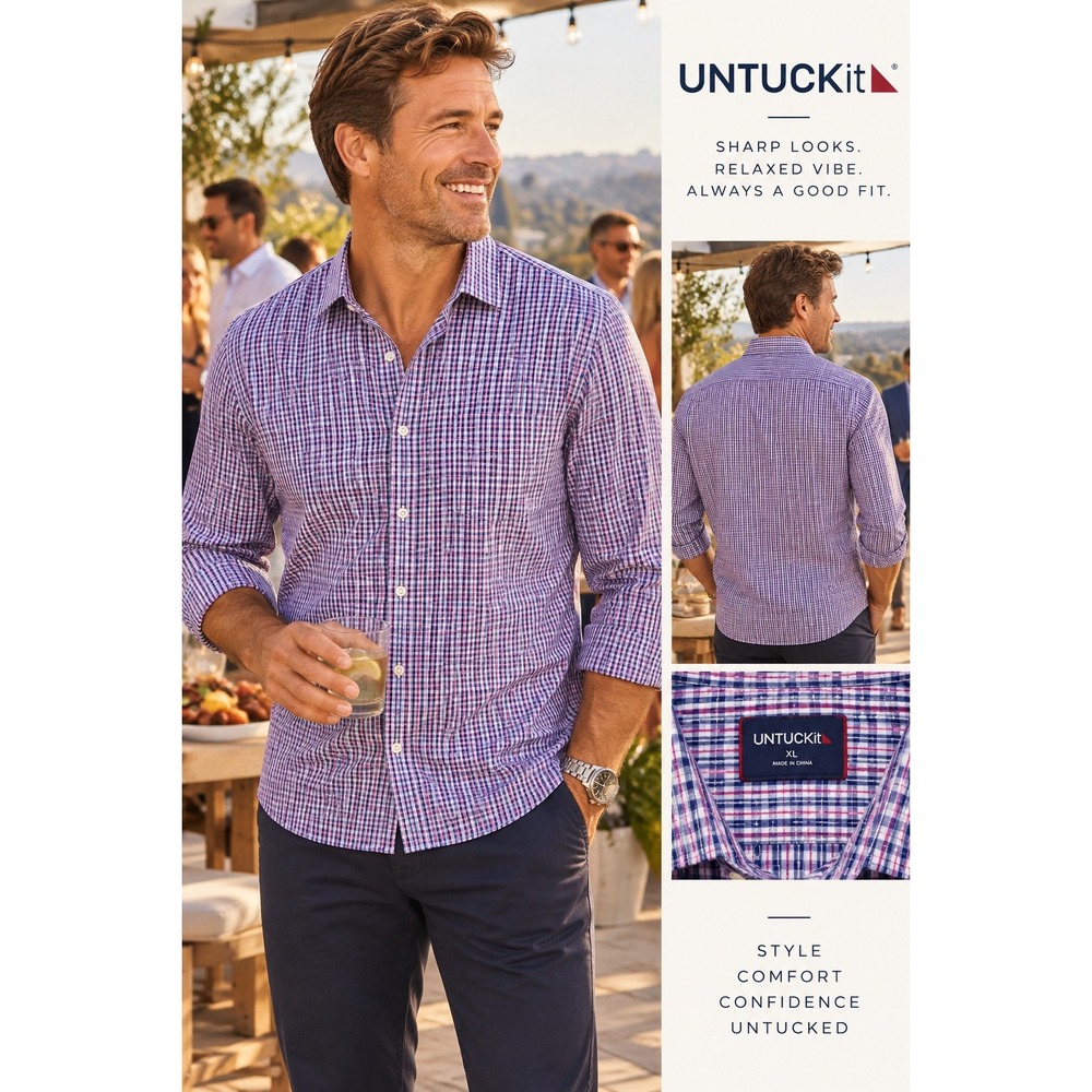UNTUCKit Cassini Slim Fit Shirt XL Mens Pink Blue Check Performance 40097